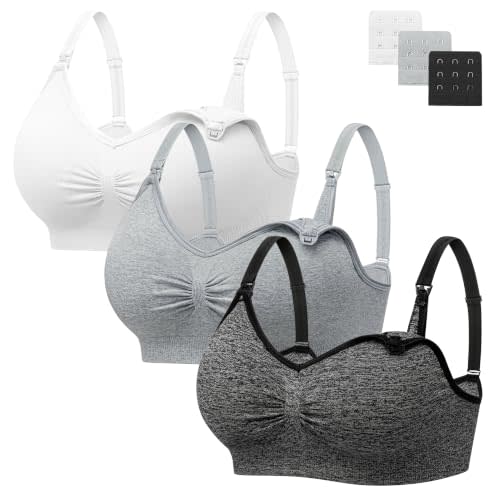 Angelhood Womens Seamless Sleep Nursing Bra,Breastfeeding Maternity Bra with Remove Bra Pads Extenders Pack of 3