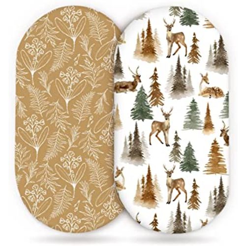 GRSSDER Stretchy Ultra Soft Fitted Bassinet Sheet Set 2 Pack, Universal Fit for Bassinets Baby Cradle Moses Basket Oval Rectangle Mattress, Stylish Jungle Deer Bassinet Sheets for Girls and Boys