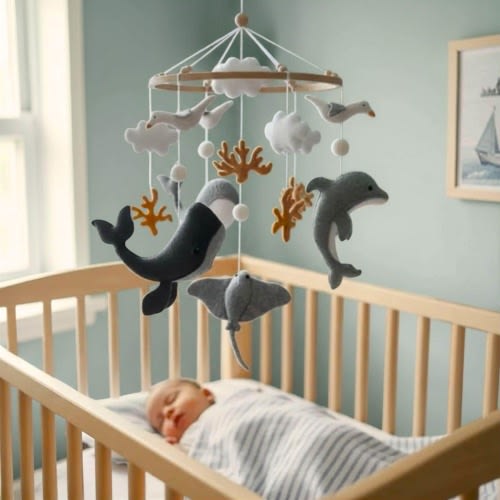 Ocean-Themed Baby Mobile | Felt Crib Mobile with Whale, Dolphin & Sea Animals | Coastal Nursery Decor