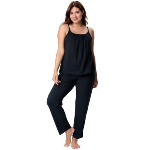 Motherhood Maternity Women's Sleeveless Swing Nursing Cami with Foldover Waistband Pant Sleep Set- Black, Medium