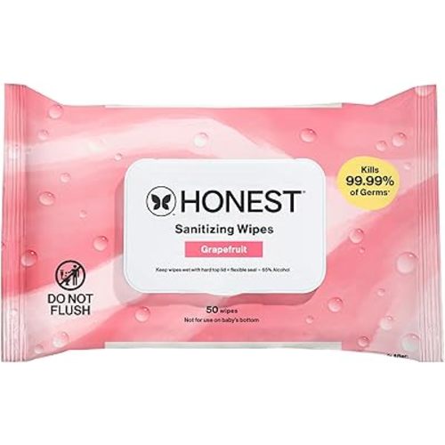 The Honest Company Grapefruit Grove Sanitizing Wipes, Kills 99.99% of Germs, Safe for All Hands, Antibacterial, Dermatologist Tested, 50 Count