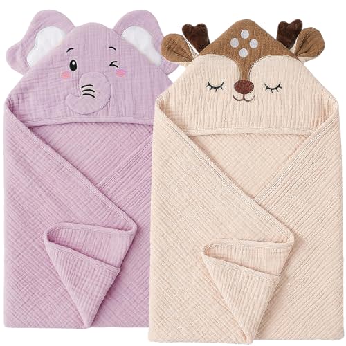 CandyHome 4 Pack Muslin Baby Towels for Newborn Set, 100% Cotton 2 Hooded Baby Bath Towels 32x32" with 2 Washcloths 10x10", Super Soft Absorbent Infant Toddler Bath Essentials Gifts, Elephant & Deer