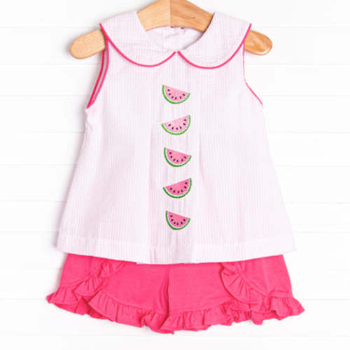 Watermelon Whimsy Embroidered Ruffle Short Set, Pink – Stitchy Fish