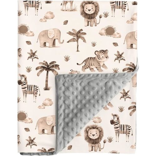Safari Baby Blanket Jungle Animals Gender Neutral Minky Blankets for Newborn Baby Girls or Boys Lion Nursery Toddler Double Layer Blanket with Dotted Backing and Safari Animal Printed (Animal Print)