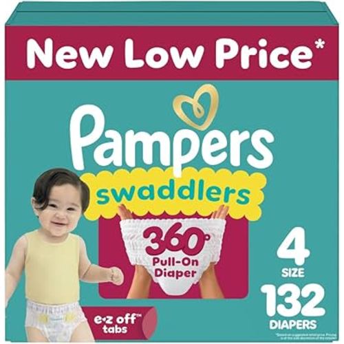 Pampers Diapers - Swaddlers 360° - Size 4, 132 Count, up to 100% Leakproof Comfy Dry Fit, Designed for Easy Changes, Pull On Baby Diaper (Packaging May Vary)