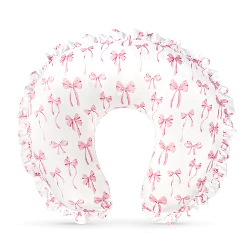 Ruffled Nursing Pillow Cover, Removable Nursing Covers for Breastfeeding Pillows, Stretchy and Soft Fit for Baby Girls Boys Newborn, Pink Bow(Only Cover)