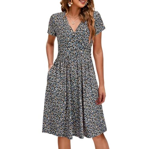 OUGES Maternity Nursing Dress Breastfeeding Short Sleeve V Neck Casual Pregnancy Clothes with Pockets