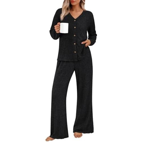 LILLUSORY Women 2 Piece Lounge Pajamas Sets Fall Matching Sleepwear Outfits Ribbed Knit Long Sleeve Tops 2025 Comfy Clothes
