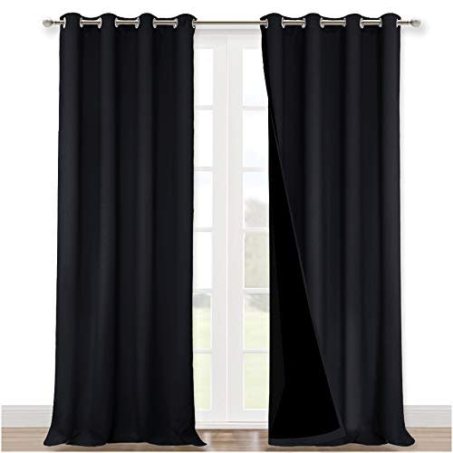 NICETOWN Extra Long Truly Blackout Drapes for Hall and Villa, 100% Blackout Window Curtain Panels with Black Lined for Night Shift Worker, 52-inch Width Each Panel, 108-inch Length, Black, 2 Pieces