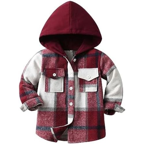 Toddler Kids Plaid Shacket Jacket Boys Girls Flannel Shirts Long Sleeve Button Down Hooded Jackets Warm Coat