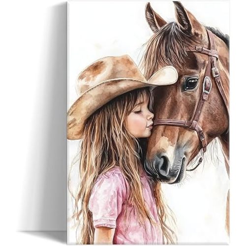 OLUNMILA Cowgirl Nursery Wall Art Vintage Cowgirl with Horse Canvas Print Western Kids Picture Artwork for Baby Girl Nursery Bedroom Room Decor Framed Ready to Hang(12"x18")