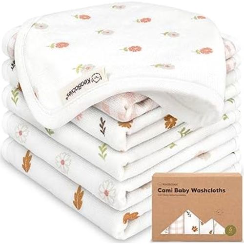 6-Pack Cotton Baby Washcloths for Newborn - Organic Cotton Muslin Soft Wash Cloths for Babies, Infant, Kids, Toddler Towels for Boy, Girl, Super Absorbent Face Cloths, Scratch-Free Baby Rags (Petals)