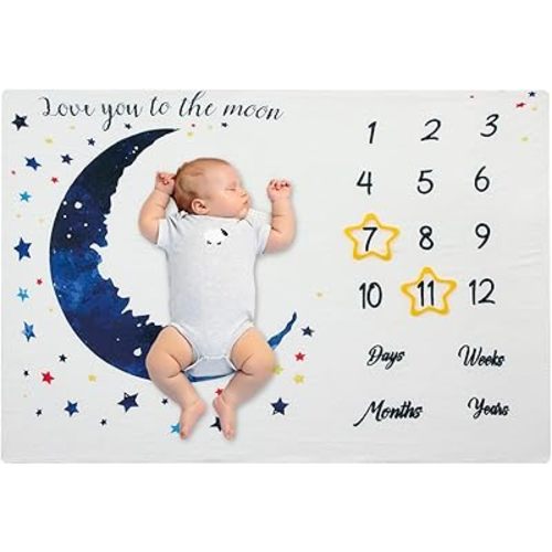 Baby Monthly Milestone Blanket – Double-Sided Flannel Fleece Photo Prop for Newborn Boys & Girls – Soft, Cozy Growth Tracker with Cute Prints (Moon) – Perfect