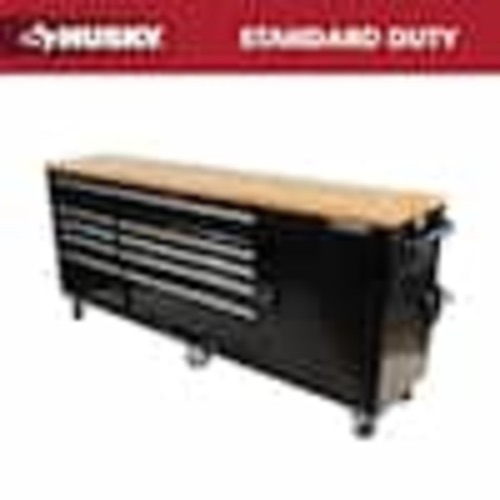 Husky 84 in. W x 18 in. D 9-Drawer Mobile Workbench with Wood Top in Gloss Black HOTC8409B11M