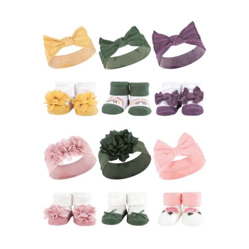 Hudson Baby Infant Girl 12Pc Headband and Socks Giftset, Purple Green Yellow Pink Green, One Size