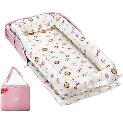 Baby Lounger for Newborns & Infants 0–24 Months, 100% Cotton Breathable Infant Support Cushion with Adjustable Size, Portable Baby Nest for Home and Travel, Baby Shower Gift (Animal World Pink)