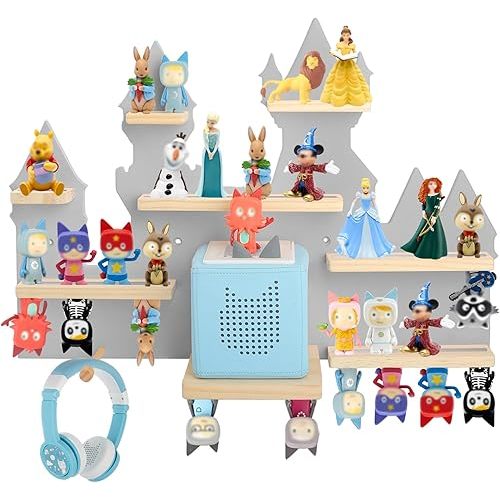 for Toniebox 2 and Toniebox 1 Tonie Shelf Wall Mounted Set,Tonies Figures Tonies Storage,Magnetic Wooden Floating Shelves Compatible with Tonie box Player Character for Children Room (grey-castles)