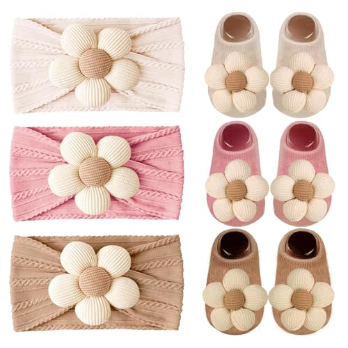 WillingTee Baby Girl Headband and Socks, Non-Slip Floral Socks and Soft Floral Nylon Hairbands for Babies Infants and Toddlers