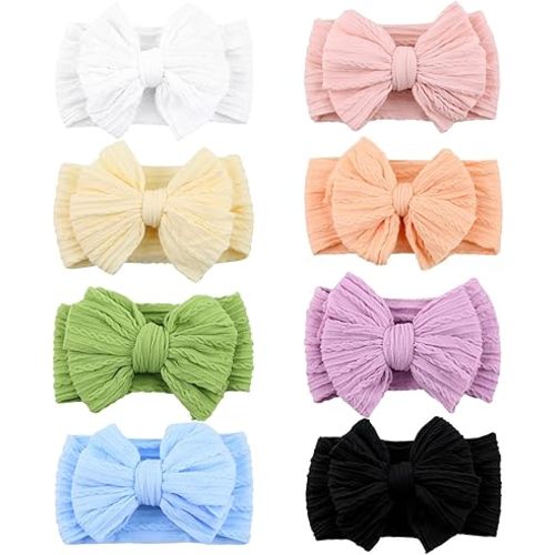 8 Pcs Baby Bows Headbands Soft Nylon Hairbands Super Elastic Headband Hair Accessories For Baby Girls Infant Toddler Essentials (8 Color-Light, Mid)
