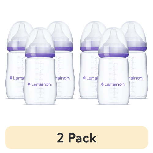 (2 pack) Lansinoh Anti-Colic Baby Bottles for Breastfeeding Babies, 8 fl oz, 3 Medium Flow Nipples