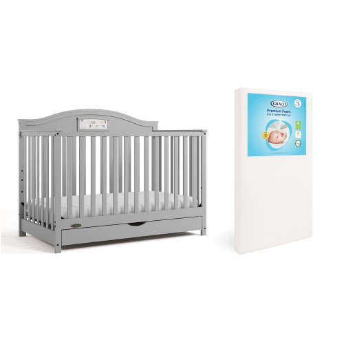 Graco Story Customizable 5-in-1 Convertible Crib with Drawer and Premium Crib & Toddler Mattress Bundle, Pebble Gray