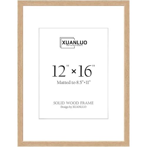 XUANLUO Picture Frames-1 Pack 12x16 Picture Frame,Natural Oak Wood Photo Frames,Display 8.5x11 with Mat or 12x16 Without Mat,Wall Display Ideal for Home Decor