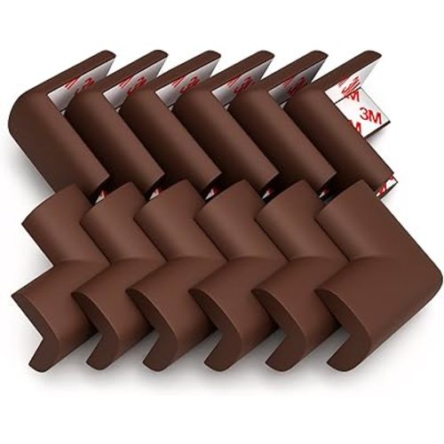 12-Pack Corner Protectors Baby Proof, Furniture Corner and Edge Safety Bumpers, Soft Rubber Foam Cushion Covers, 3M Taped Corner Guards, Baby Child Proofing Pads, Table Corner Protectors, Brown