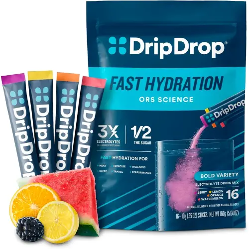 DripDrop Hydration Packets - Bold Variety Pack - Single Serve Electrolytes Powder Drink Mix - Watermelon, Berry, Lemon, Orange - Non-GMO, Gluten Free, Vegan - 16 Sticks