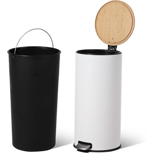 GarveeHome 8 Gallon Step Trash Can with Soft-Close Bamboo Lid, Stainless Steel Garbage Can with Removable Inner Bucket, 30L Round Trash Bin, Perfect for Kitchen, Bathroom, Living Room, White