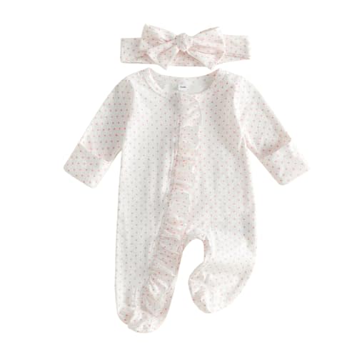 Baby Girl Coming Home Outfit Newborn Polka Dot Footed Romper 0-6M | Newborn Going Home Outfit Girl,Preemie Girl Polka Dot Footed Romper,Girls Ruffle Zipper Onesie,Cute Fall Winter Clothes