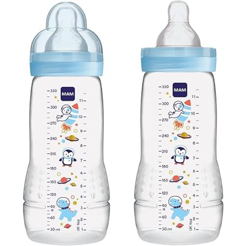 MAM Easy Active Baby Bottles 11oz, Fast Flow Skinsoft Silicone Nipple with Wide Neck Ergonomic Design, Easy to Hold, BPA-Free, Bottles with Leak-Proof Caps for 4+ Months Baby