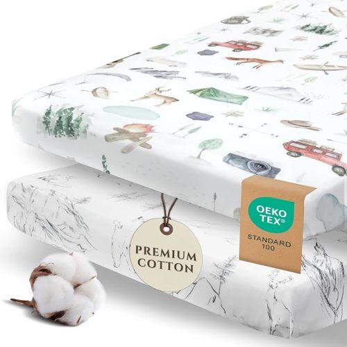 2 Pack Pack N Play Sheets for Boys - Premium Cotton Blend Fitted Playard Sheet, Soft Breathable Mini Crib Sheets Boy, Playpen Mattress Cover for Standard Travel Playards 38x26 (Explore)