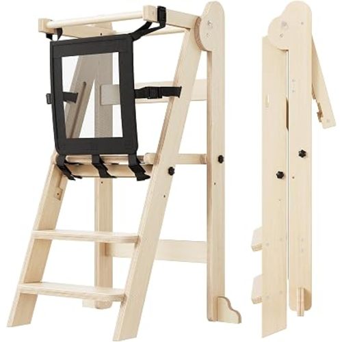 PETKABOO Foldable Kid Toddler Kitchen Stool – Foldable Standing Tower with Safety Net, Adjustable Height Folding Step Stool for Learning & Cooking, Ages 18 Months–6 Years, Pine