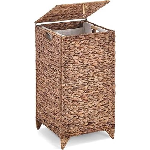 Handwoven Laundry Hamper with Lid, Natural Water Hyacinth Heightened Feet Laundry Basket, Wicker Clothes Hamper with Removable Liner Bag