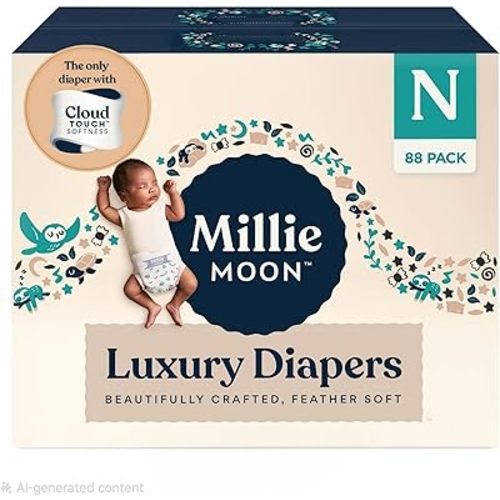 Millie Moon Luxury Diapers – Ultra Soft Cloud Touch Disposable Diapers with 12 Hour Absorbency & Wetness Indicator (N - 88ct)