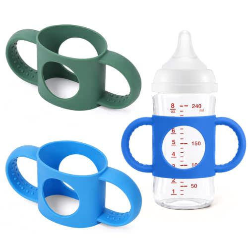 BUSOHA 2 Pack Silicone Sleeves for Pigeon Silicone Baby Bottle | Food-Grade Silicone Sleeves with Handles,Thermal Insulation,Non Slip,Dishwasher Safe,Easy to Install,Blue+Green