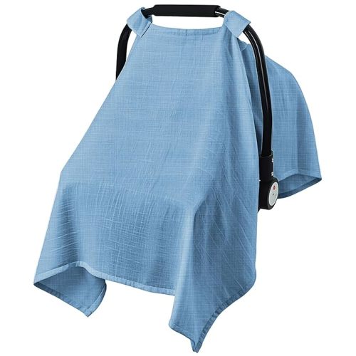 Baby Car Seat Cover, 100% Muslin Carseat Cover, Universal Carseat Covers Baby, Infant Car Seat Cover for Sun, Bug, and Comfort Protection (Blue)