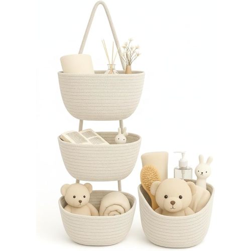 Japanese Handmade Cotton Rope Hanging Basket Organizer – 3 Tier Wall boho Storage Organizer for Toys , Snacks & Décor – Eco-Friendly Coiled Weaving Craft, Housewarming & Shower Gift (White)