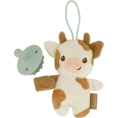 Infantino Snuggle & Soothe PaciPal - Soft Fabric Pacifier Pal with Premium Silicone Pacifier for Baby's Comfort and Self-Soothe, Cow