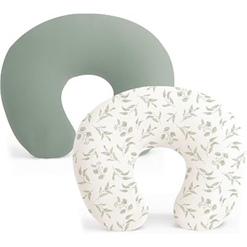 Konssy 2 Pack Nursing Pillow Covers, Stretchy and Soft Nursing Cover for Breastfeeding Pillows, Pillow Slipcover for Baby Girls Boys Newborn (Green, Green Leaves)