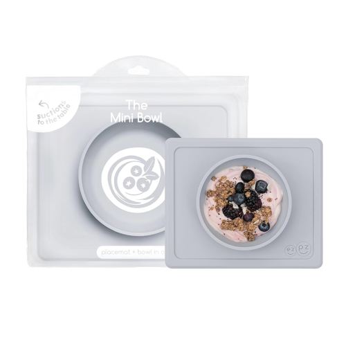 ezpz Mini Bowl for 12 Months+ (Pewter) - 100% Silicone Suction Bowl with Built-in Placemat for Toddlers - Comes with a Reusable Travel Bag