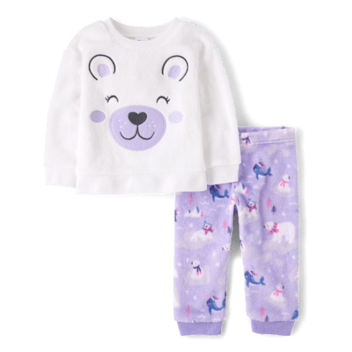 Baby And Toddler Girls Embroidered Polar Bear Pajamas - Cozy Fleece - Purple
