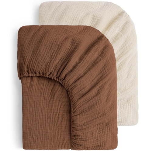 Yoofoss Muslin Crib Sheets for Boys Girls 100% Cotton Fitted Baby Crib Sheet 2 Pack Soft and Breathable for Standard Crib Mattress & Toddler Mattress 52"x28" Apricot&Brown