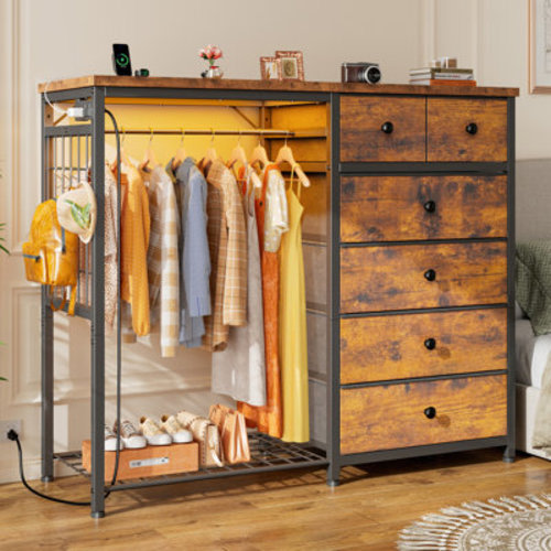 17 Stories Dresser For Bedroom With Clothes Rack, 6 Drawer Dresser With Shoe Rack, Charging Station & Led Lights & Reviews | Wayfair