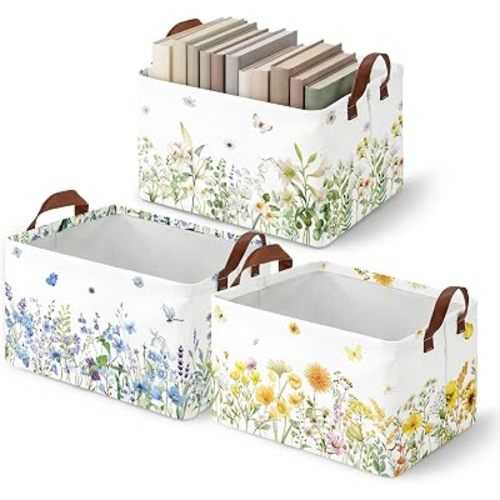 3 Pack Wildflower Storage Baskets for Gifts Wildflower Empty Large Collapsible Toy Storage Bins Box Spring Floral Canvas Baskets Organizer with Handles Nursery Decor Laundry Basket for Shelves Closet