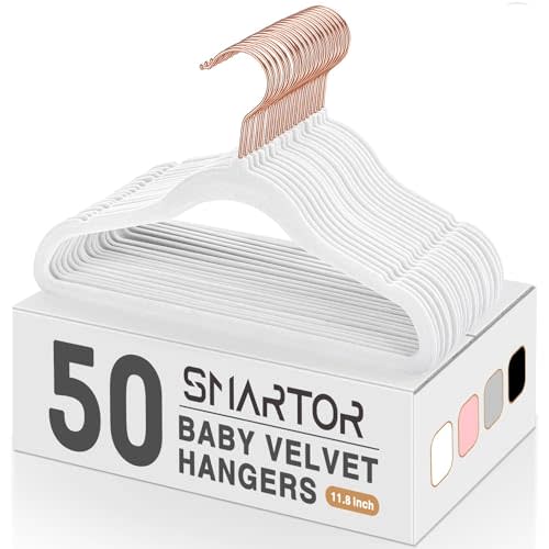 Smartor Premium Baby Hangers Velvet for Closet 50 Pack, 11.8" Durable Kids Felt Hangers Non Slip for Toddler, Baby Clothes Hangers for Childrens on Closet Storage (Rose Gold Hook)- White