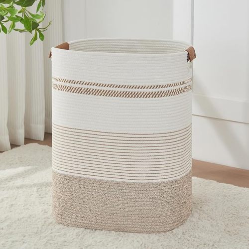 AINUOQI Laundry Basket with Handles - Blanket Basket & Hamper for Bedroom Aesthetic, Laundry Hamper & Blanket Storage for Living Room, Clothes Hamper, Tall, Large 17" x 14" x 22”, Light Brown & White