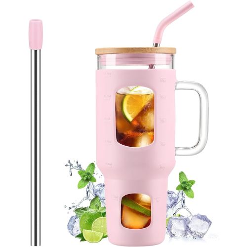 WINSA Glass Tumbler with Straw and Lid, 40 oz glass cup with handle, Glass Water Bottles with Time Marker, Silicone Protective Sleeve-Pink