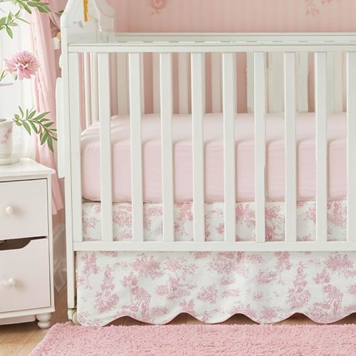 Brandream Scallop Edge Cotton Crib Skirt, Baby Girl, French Country Pink Toile Crib Skirt Toddler Bedskirt Farmhouse Chic Nursery Crib Bed Skirt, Boho Bohemian Vintage Floral Print
