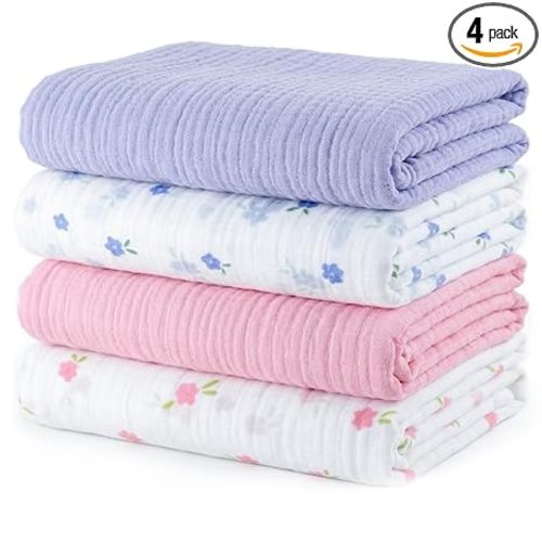 Muslin Swaddle Blankets for Newborns, 4 Pack Multipurpose 100% Organic Cotton, Ultra Soft Breathable Receiving Blanket 47 x 47 inches, Swaddle Wrap for Baby Boys & Girls